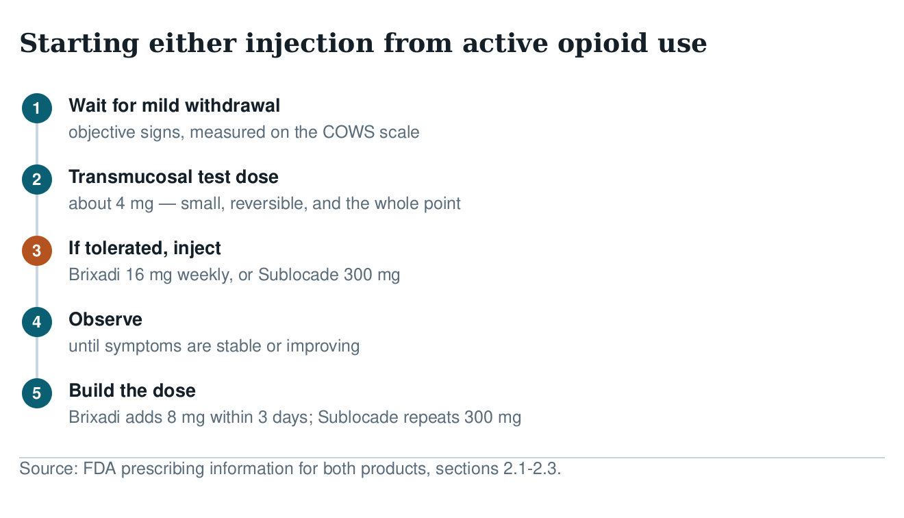 Flow diagram of starting either injection from active opioid use: wait for mild withdrawal, transmucosal test dose