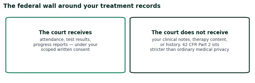 Two cards on what the court receives and does not receive: attendance, test results and progress reports under scoped consent, against clinical notes and history protected by 42 CFR Part 2