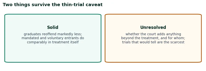 Two cards separating what survives the thin-trial caveat from what stays unresolved: graduates do markedly better and mandated entrants do comparably, while the court’s added value stays unproven