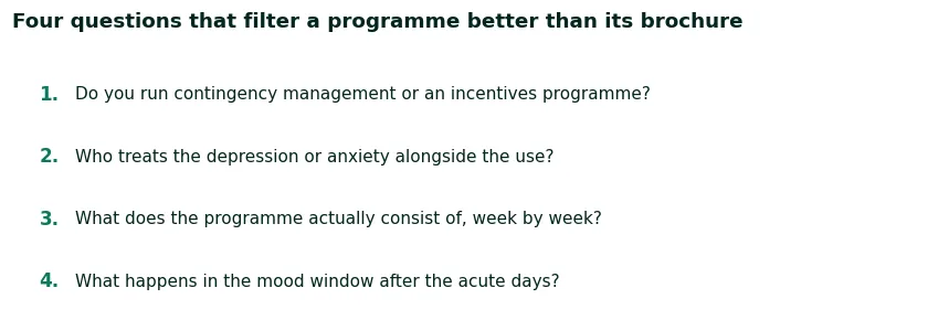 Four questions to ask a treatment programme: whether they run contingency management, who treats co-occurring depression or anxiety, what the programme consists of week by week, and what happens in the mood window after the acute days