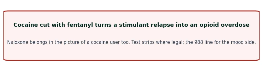 Warning card: cocaine cut with fentanyl turns a stimulant relapse into an opioid overdose, which is why naloxone belongs in the picture of a cocaine user too