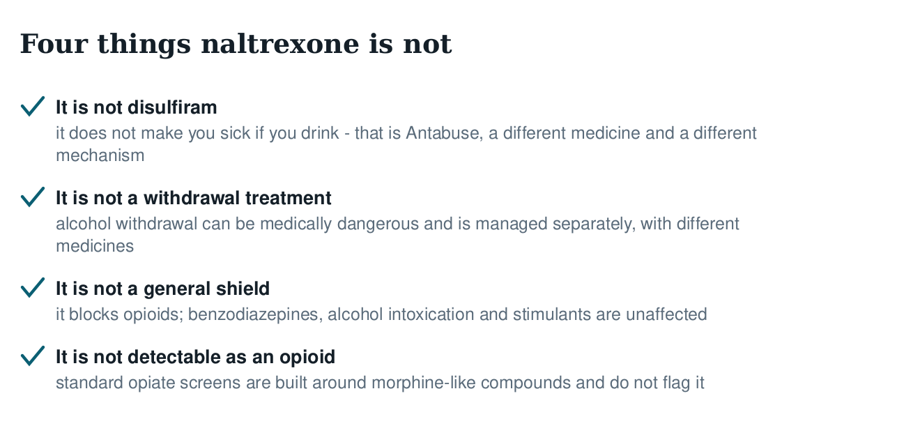 Checklist of four things naltrexone is not: disulfiram, a withdrawal treatment, a general shield against other substances