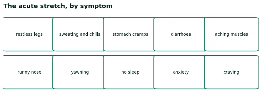 Checklist of acute symptoms: restless legs, sweating and chills, stomach cramps and diarrhoea, aching muscles, insomnia, anxiety and craving