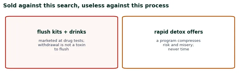 Warning cards about detox drinks, flush kits and rapid-detox offers marketed against withdrawal searches
