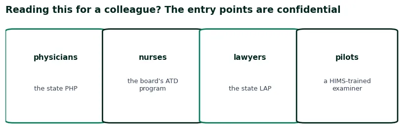 Confidential entry points by profession: the PHP, the nurse alternative program, the LAP, or a HIMS-trained examiner for pilots