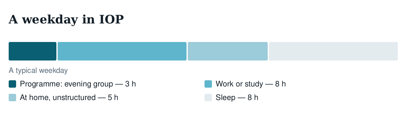 Diagram of an IOP weekday: a three-hour evening group around a full day of work or study