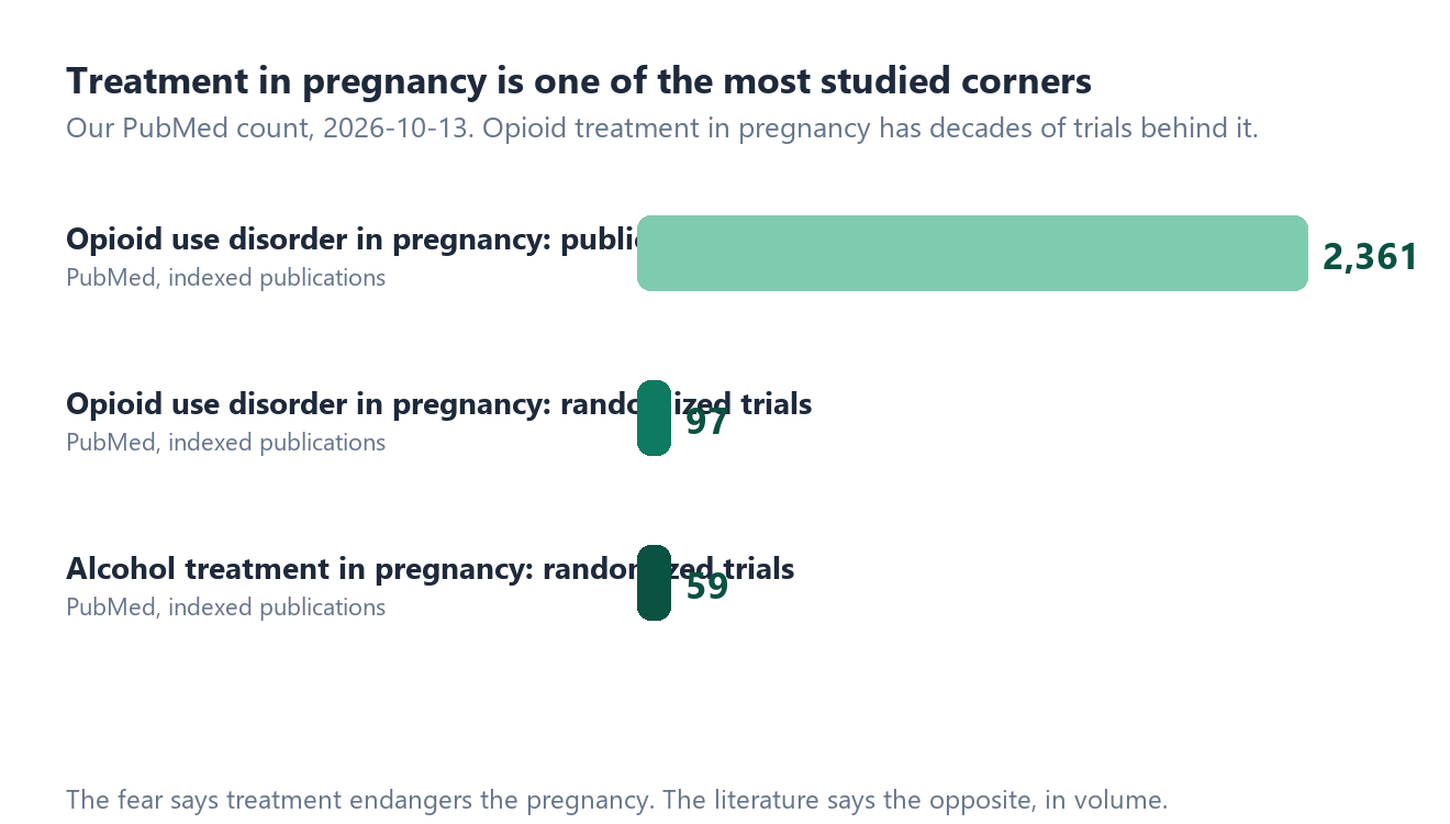 Bar chart of our PubMed count for treatment in pregnancy: opioid use disorder in pregnancy has 2,361 indexed publications with 97 randomized trials, and alcohol treatment in pregnancy 59 randomized trials