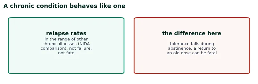 Two cards on relapse as a chronic-condition event: rates in the range of other chronic illnesses per NIDA, but unlike asthma a return to an old dose after abstinence can be fatal