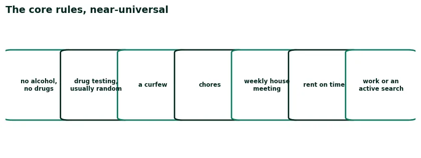 Seven near-universal sober living rules as cards: no alcohol or drugs, random drug testing, a curfew, chores, a weekly house meeting, rent on time, and work or an active search