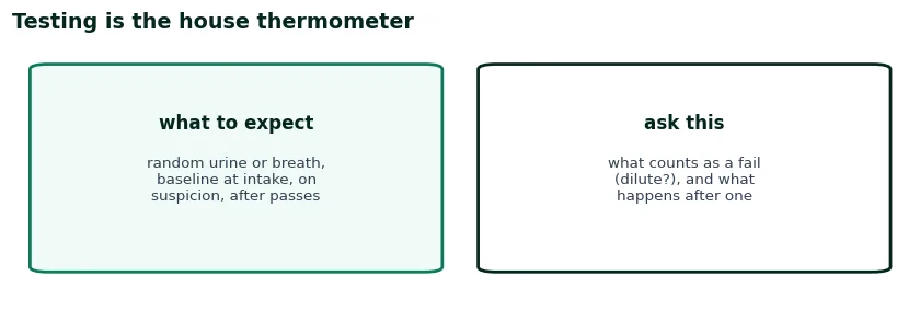 Two cards on drug testing in sober living: random urine or breath with a baseline at intake, and the questions to ask about what counts as a fail
