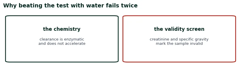 Two cards on why beating the test with water fails twice: enzymatic clearance does not accelerate, and validity screening marks the sample invalid