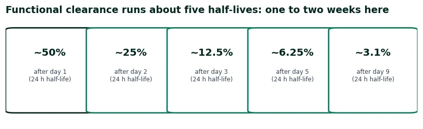 Five cards of remaining drug by day at a 24-hour half-life: 50, 25, 12.5, 6.25 and 3.1 percent