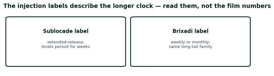 Cards for the two extended-release injection labels, Sublocade and Brixadi, both describing levels that persist for weeks