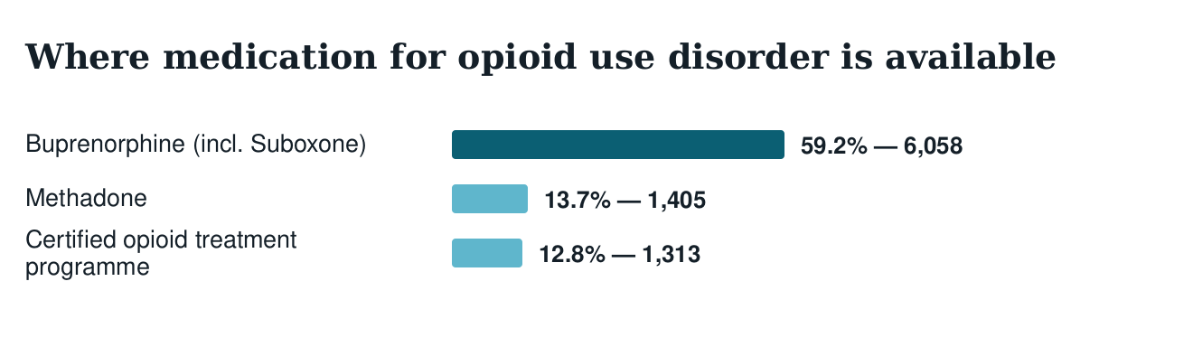 Bar chart of medication for opioid use disorder availability: buprenorphine at 59.2% of facilities, methadone at 13.7%, certified opioid treatment programmes at 12.8%