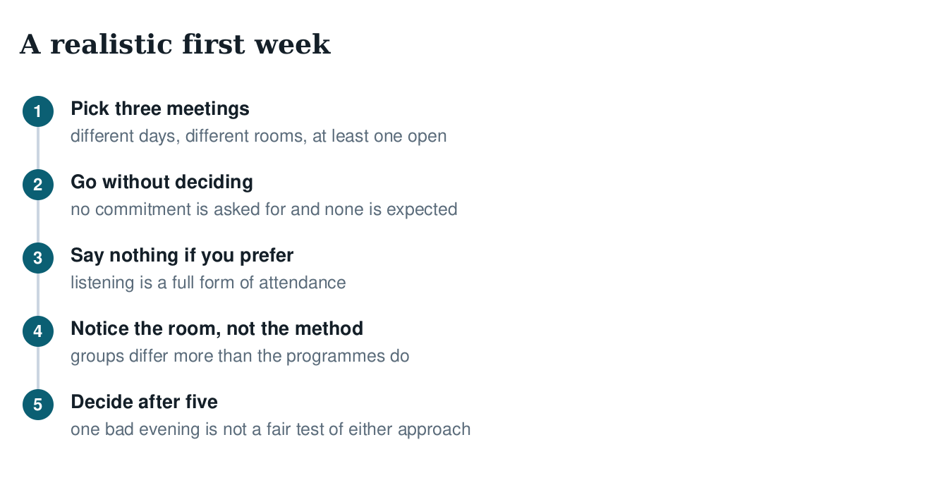 Five-step diagram of a realistic first week: pick three meetings, attend without deciding, speak only if you want
